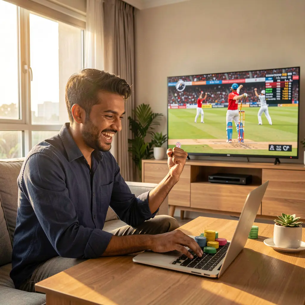 Excited Bangladeshi sports fan celebrating a winning moment while betting on a laptop with live cricket action behind him using 26OK