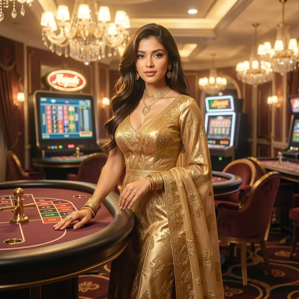Stylish casino hostess in a sparkling gold dress standing by the roulette table in a luxurious gaming hall at 26OK Casino for players in Bangladesh
